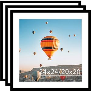 JCJMY 24x24 Picture Frame Set of 3 Black with 20x20 Mat, Display Photo 20x20 with Mat or 24 x 24 Without Mat, Wall Hanging Large 24x24 Poster Frame with Shatter Resistant Plexiglass, 3 Pack, Black