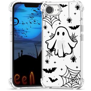 Halloween Case for iPhone 16e Clear Ghost Fashion Designs, Phone Cover Girls Stylish Slim Shockproof Bumper Protective Women Halloween Spider Web Phone Case for iPhone 16e Kids Bat