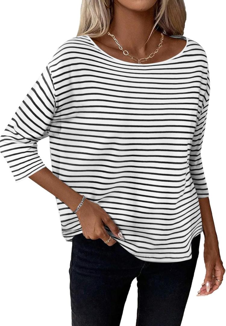 SOFIA'S CHOICE 3/4 Length Sleeve Women's Tops Striped Shirt Boat Neck Loose Fit Shirts White Black X-Large (XL)