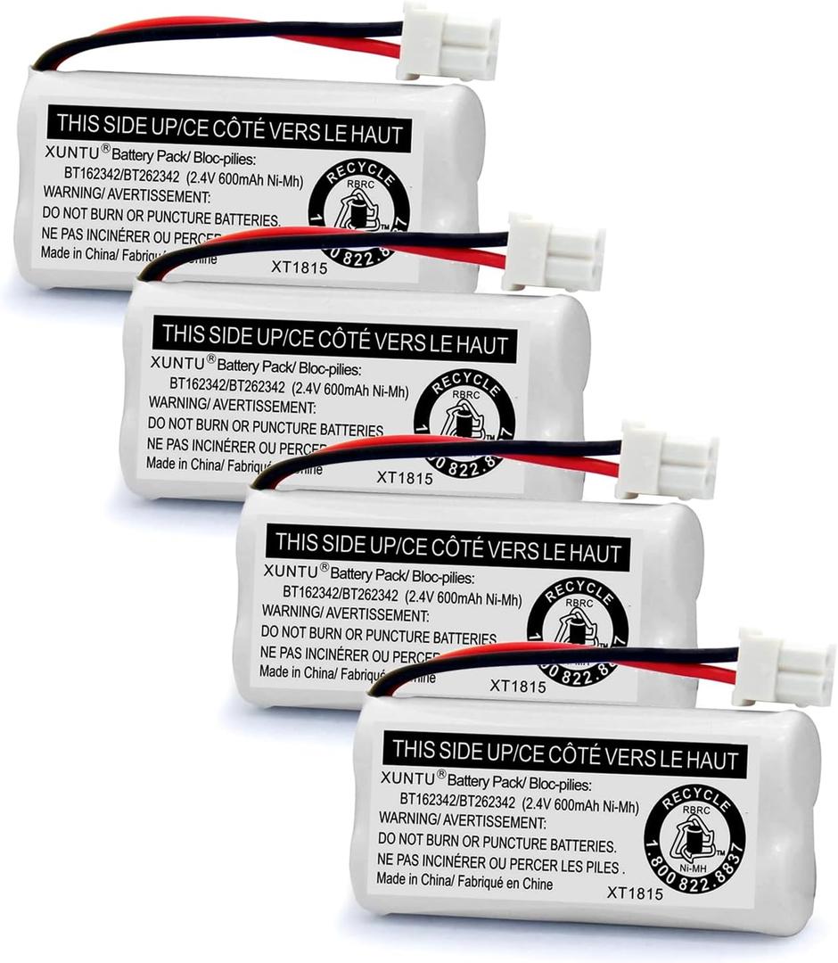XUNTU BT162342/BT262342 2.4V 600mAh Ni-MH Cordless Phone Battery Pack BT166342/BT266342 BT183342/BT283342 Compatible with EL52351 TL90070 CS5119 DS6511 DS6722 LS6305 Handset (4 Pack)