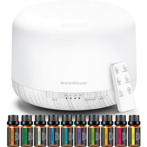 InnoGear Aromatherapy Diffuser & 10 Essential Oils Set, 500ml Essential Oil Diffuser with Remote Control Ultrasonic Cool Mist Scent Humidifier Vaporizer Auto-Off Timer for Room Office Home, White (Large)