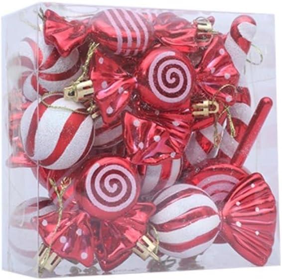 18Pcs Christmas Tree Ornaments Set Christmas Decorations For Festive Home Dcor With Candy And Lollipop Design, Red And White Plastic(Red)