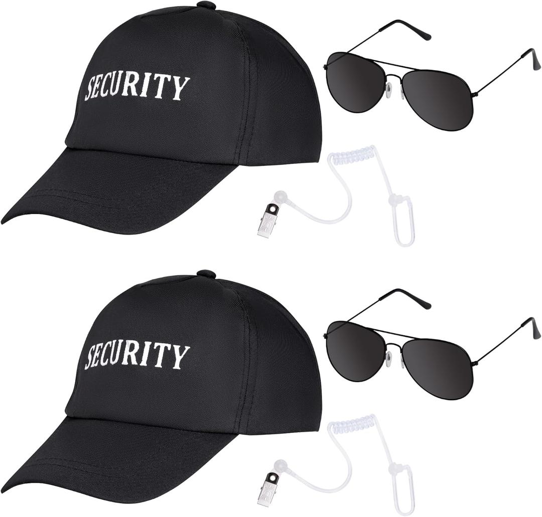 2 Sets Agent Costume Secret Security Service Accessories Including 2 Security Hat 2 Earpiece and 2 Sunglasses for Men Halloween