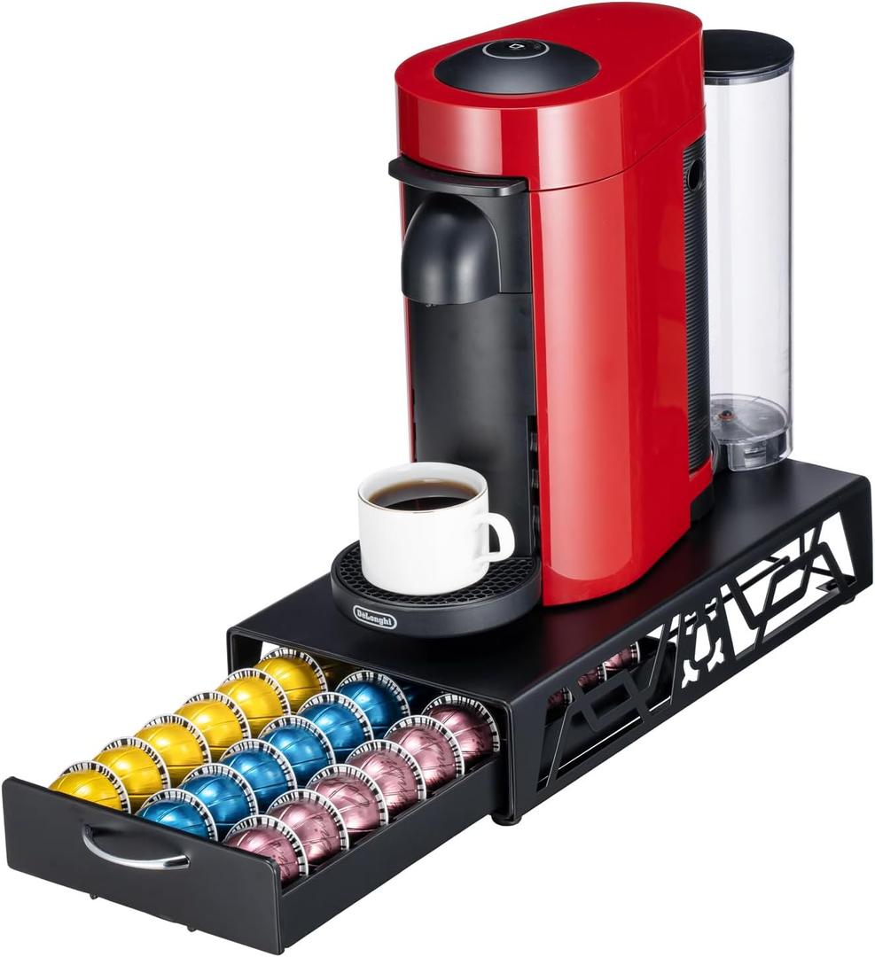 FlagShip Vertuo Pod Drawer Modern Black Metal Coffee Capsule Organizer & Space-Saving for Nespresso Pod Holder Coffee Machine Stand(30 Vertuo Pods Capacity)