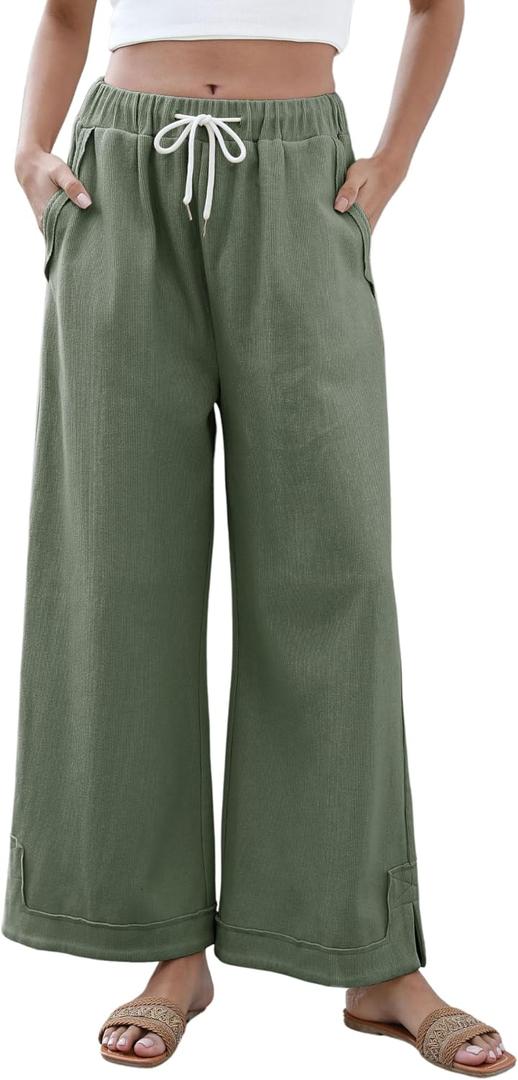 Springrain Womens Baggy Wide Leg Pants Casual Loose Cotton Drawstring Elastic Waisted Palazzo Pants with Pockets(Green-S)