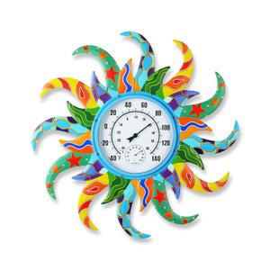 Large Blue Sun Outdoor Thermometer & Hygrometer Combo, 25'' Indoor Outdoor Wall-Mounted Thermometer Gauge, Decorative Indoor Outside Temperature Thermometer for Patio, Garden, Living Room,Kitchen