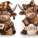 Wesiti 2 Pcs Coffee Highland Cow Figurines Decor, Coffee Cow Desk Decorations Gnomes Scottish Resin Statue Calf for Home Garden Kitchen Office Tiered Tray Table