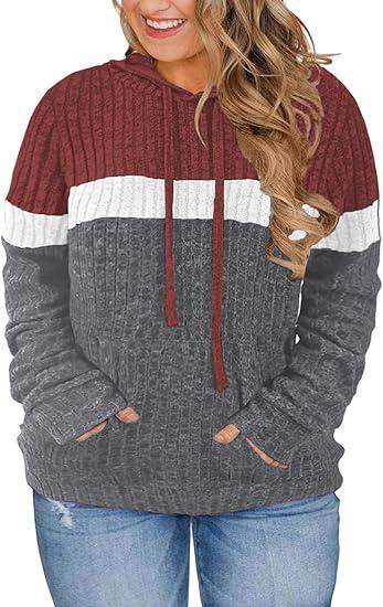 VISLILY Plus-Size-Hoodies for Women Casual Color Block Sweaters Long Sleeve Pullover Sweatshirts Cute Loose Tops with Pocket M