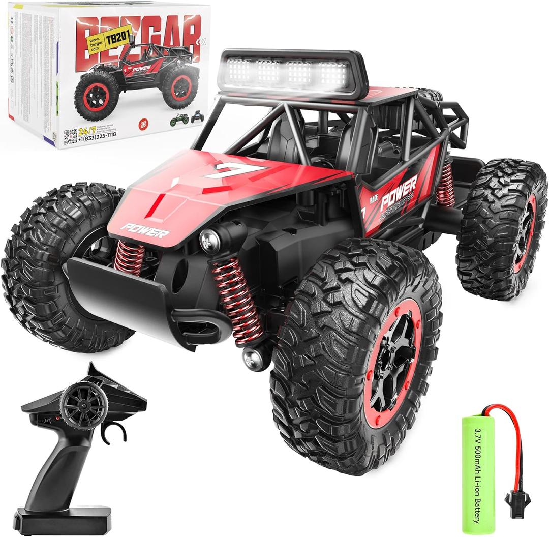 BEZGAR TB201 RC Cars-1:20 Scale Remote Control Car-2WD High Speed 20 Km/h Electric Toy Off Road Vehicle Monster Truck Crawler with LED Headlight and Rechargeable Battery for 8-12 Year Old Boys Girls (Red)