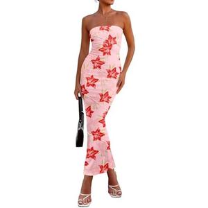 PRETTYGARDEN Women's 2026 Summer Floral Bodycon Maxi Dresses Ribbed Strapless Tube Casual Boho Party Long Dress M