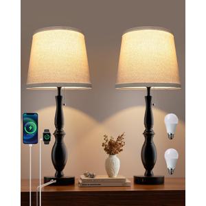 EppieBasic Table Lamps for Living Room Set of 2, Farmhouse Lamp for Bedroom 22" with 3 Dimmable Ways, USB-C+A Charging Ports Nightstand Lamps, Bulbs Included