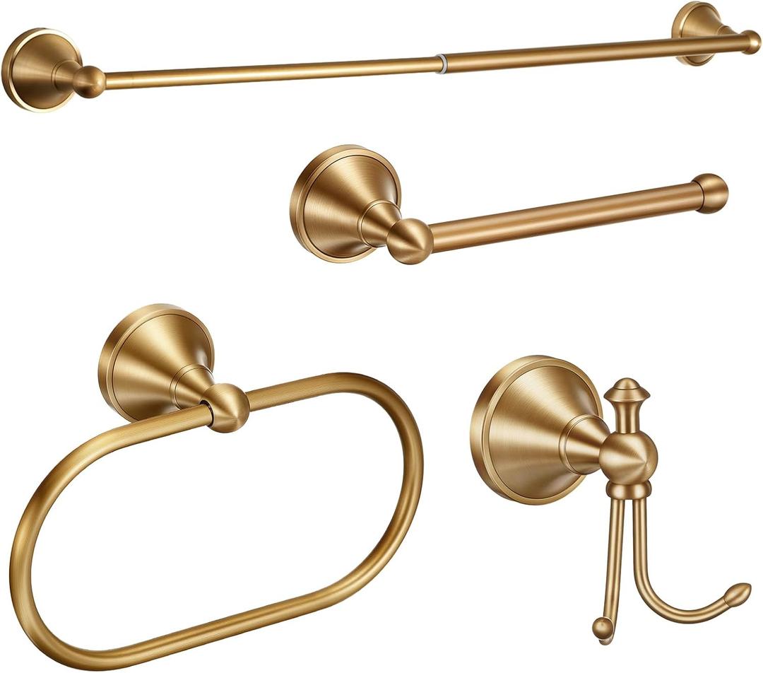 4 Pcs Antique Brass Bathroom Accessories Set Wall-Mounted Brass Towel Rack & Towel Ring & Toilet Paper Holder & Robe Hook, Wall Mounted Gold Vintage Bath Hardware Fixture Set
