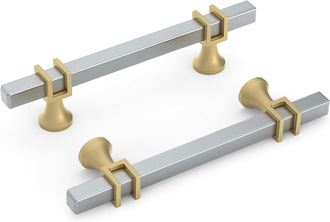 goldenwarm 10 Pack 5 Inch Brushed Nickel and Gold Cabinet Pulls Silver Drawer Handles Square Hardware for Cupboard Dresser