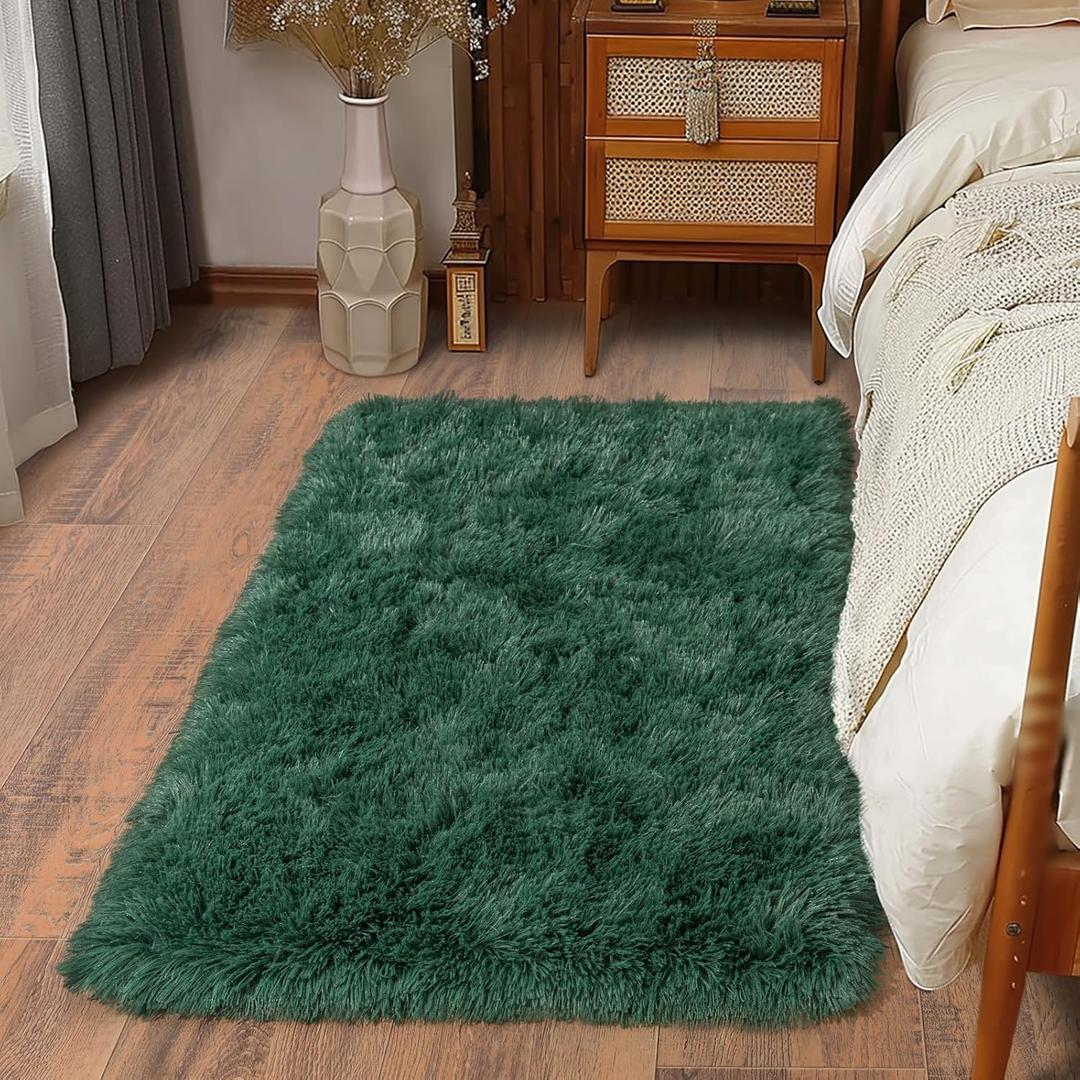 Soft Runner Rugs for Bedroom Hallways New Upgraded Non-Slip Bottom, 2x3 Green Fluffy Shag Throw Area Rug for Bedside Dorm, Long Shaggy Furry Carpet for Nursery Living Room