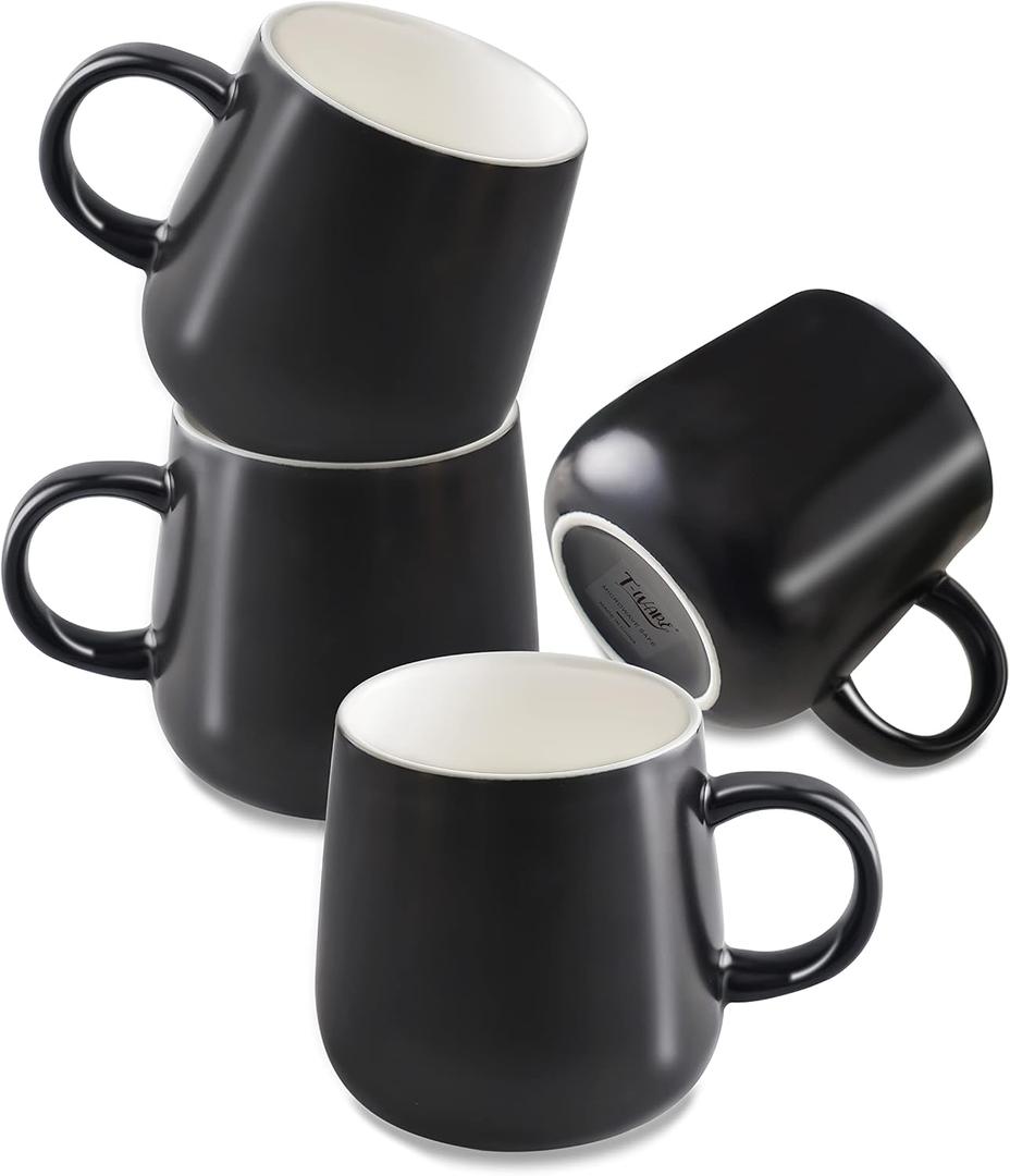 T-WARE 12 Oz Coffee Mugs, Waxy Black Mug Set of 4, Ceramic Mugs Coffee, Solid Color Coffee Cups Ceramic