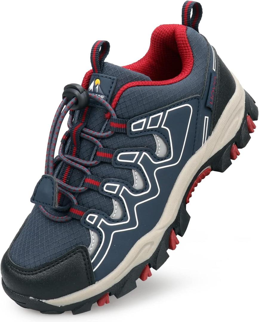 Boys Girls Hiking Trail Shoes Waterproof Slip Resistant Outdoor Trekking Walking Running Sneakers(Little/Big Kids) (Navy Blue Red), 37