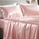 Bedsure Pink Satin Sheets Queen Size - 4 Piece Silky Bedsheets with 15 Inches Deep Pocket Fitted Bedsheet,1 Flat Sheet, 2 Satin Pillowcases, Good for Hair & Skin (Queen, Peach Pink)