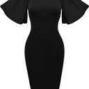 Memoriesea Women's Basic Bodycon Ruffle Flared Short Sleeve Pencil Midi Dress (Small, Black)
