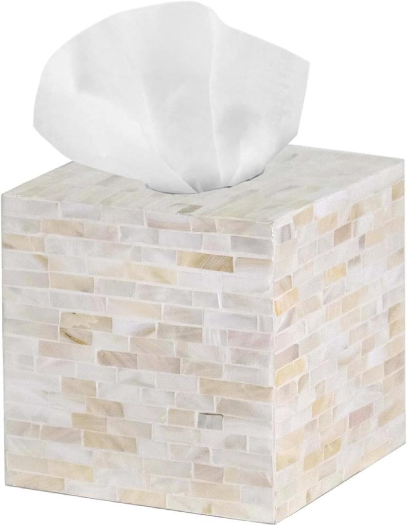 PEMAR Handcrafted Wooden Tissue Box Cover for Small Cube Tissue Boxes Only (Max Inner Size 4.7) Mother of Pearl Inlay Decorative Tissue Holder for Bathroom, Living Room & Office (Milano)