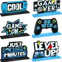 Geetery 6 Pcs Video Game Party Centerpieces Wood Level up Birthday Decorations Gaming Desk Decor Pixelated Table Sign for Adults Birthday Party Theme Fans Supplies(Blue)