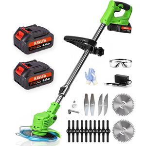 Electric Weed Wacker Cordless, 21V Weed Cordless Eater, 4 in 1 Lightweight Stringless Brush Cutter, with 2 Pcs 4.0 Ah Battery Grass Trimmer, 4 Types Blades for Yard Clearing (Green)