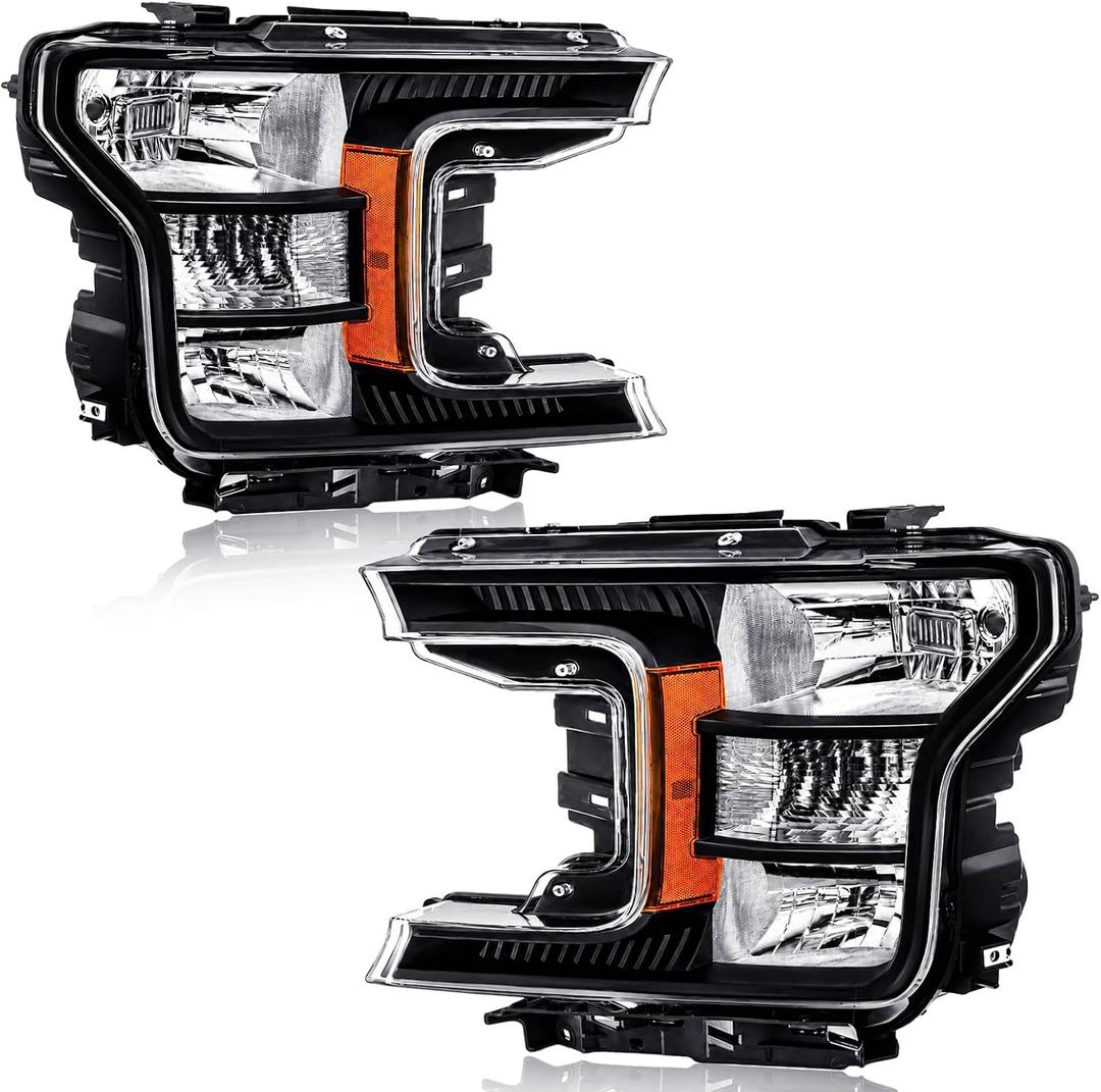 Headlights Assembly for 2018-2020 Ford F150 2018 2019 2020 F-150 Amber Reflector Black Housing