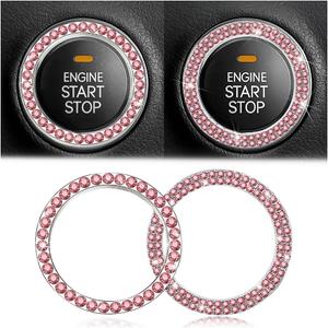 Car Bling Crystal Rhinestone Engine Start Ring Stickers, 1 Single Drainage Drill and 1 Double Drainage Drill Car Start Button Cover, Key Ignition Knob Bling Ring Decals, Car Accessories(Set Pink)