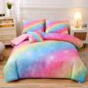 6 Pieces Pink Twin Comforter Set for Girls,Kids Glitter Galaxy Rainbow Bedding Sets Bed in A Bag (1 Comforter, 1 Flat Sheet,1 Fitted Sheet,2 Pillowcases and 1 Cushion Cover)