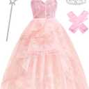 Pink Witch Costume for Girls with Crown Wand Gloves,Halloween Costume for Kids Girls Good Witches Princess Dress Up (9-10 Years)