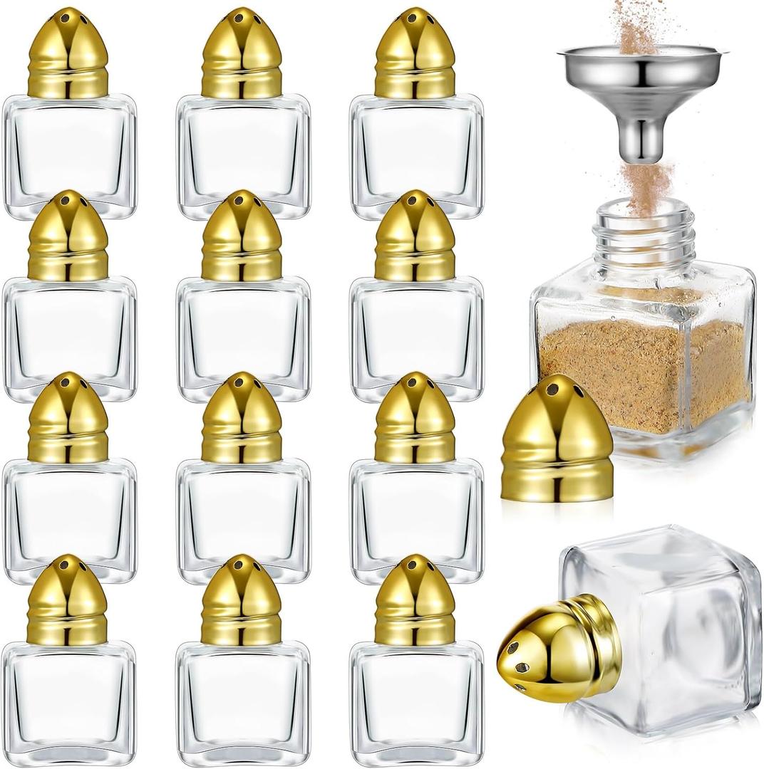 Uiifan 12 Pcs 0.5 oz Cube Shape Small Salt and Pepper Shakers with Tone Tops Clear Mini Glass Seasoning Jars Spice Salt Shakers with Funnel for Wedding Party Restaurant Home Kitchen (Gold)