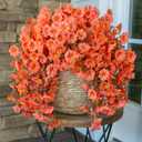 Fake Mums Artificial Fall Hanging Flowers for Outdoors Decoration, 2 PCS Fake Silk Morning Glory with Brown Eucalyptus UV Resistant Plants for Wall Home Porch Patio Balcony Yard Decor (Orange)