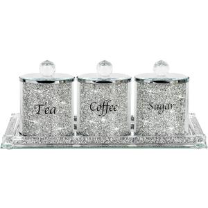 Topsky Coffee Sugar Tea Crystal Canister Set of 4, Sparkly Crystal Crushed Diamonds Home Decor, Silver Kitchen Coffee Jar Storage Set with Label & Lid, Storage Container Set for Countertop, Dining Room
