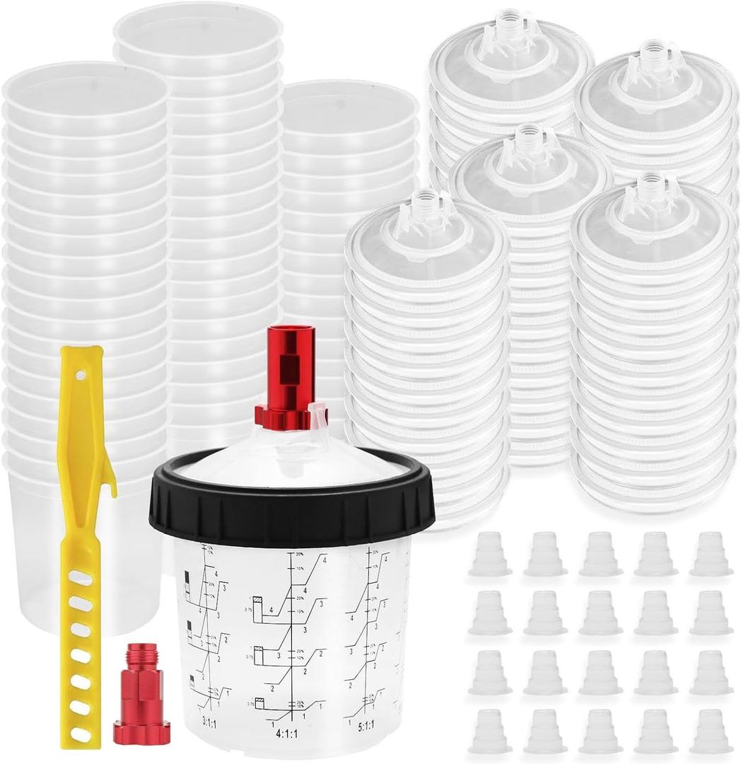 DAXINYANG Disposable Paint Spray Gun Cup, Paint System for LVLP and HVLP Paint Spray Paint Gun,20 Ounce (600ml) Kit with 50 Cups and Lids System,20 Plugs System,2 Cup Adapter and 1 Retainer Ring