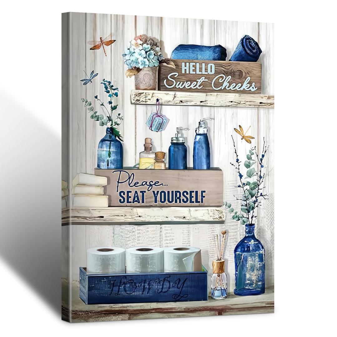 BFKDKG Navy Blue Bathroom Decor! Rustic Blue Bathroom Canvas Wall Decor & 'Please Seat Yourself' Sign Print - Vintage Aesthetic Picture Artwork Decor (16x24in)
