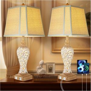 28.5" Rustic Table Lamp Set of 2 For Living Room Farmhouse Lamps for Bedroom, Bedside Lamps with Night Lights And USB C+A Charging Ports for Decor Office Study Hotel (Bulbs Included)