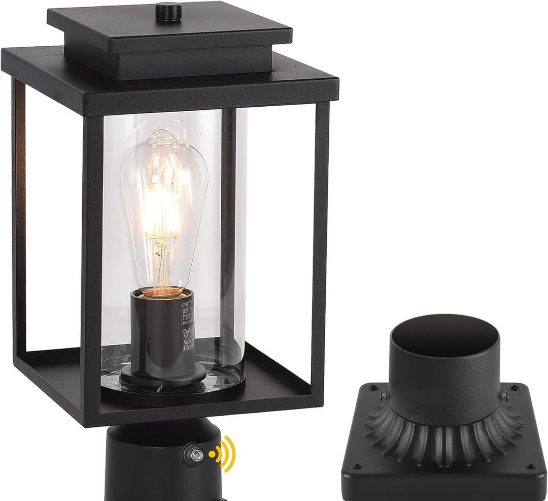 Dusk to Dawn Outdoor Post Light Hardwired, Black Lamp Post Lights with Pier Mount Base, Waterproof Exterior Lamp Post Lantern with Clear Class, Pole Light for Garden Yard Patio Pathway (7.1 inch-clear glass)