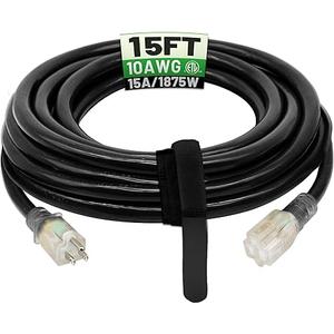 POWGRN 15 Ft 10AWG Black Outdoor Extension Cord Waterproof Heavy Duty 10 Gauge 3 Prong, Flexible Cold-Resistant Power Cord Indoor & Outside with Lighted Indicator End, 15Amp 1875W SJTW ETL Listed