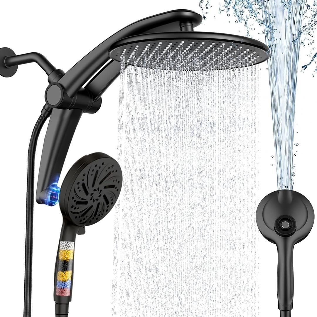 Shower Head with filtered Handheld High Pressure daul Shower Heads with Handheld Spray Combo and 10 Sprays Handheld Shower Head Detachable Shower head Built-in Magnetic Docking and Power Jets Black
