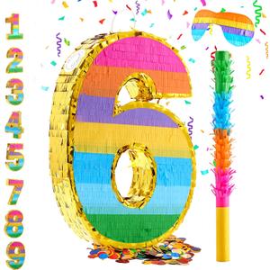 Rainbow Number 6 Pinata for 6th Birthday Party Decorations, Fiesta, Kids Anniversary Celebration, Birthday Pinata with Stick, Blindfold and Confetti (Small, 16.5 x 11.5 x 3 In)