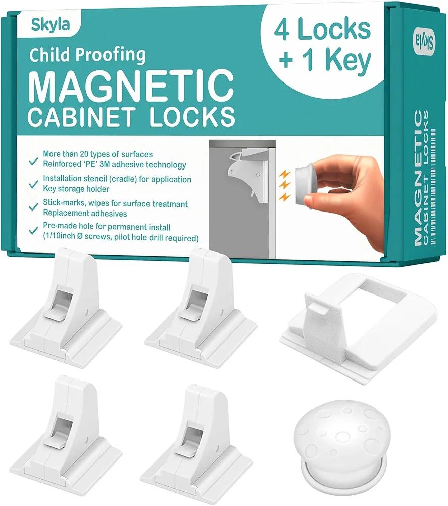 SKYLA HOMES Magnetic Cabinet Locks Baby Proofing Child Safety - The Safest Quickest and Easiest Multi-Purpose 3M Adhesive Child Proof Latches, No Screws or Tools Needed (4 Pack)