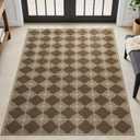 Washable Checkered Entryway Rug 3x5, Brown Easy Jute Outdoor Rug, Non-Slip Textured Diamond Indoor Outdoor Carpet for Patio, Farmhouse Neutral Door Rug for Backyard & Bedroom