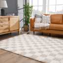 Hauteloom Marshmallow Modern Checkered Shag Area Rug - High Pile Fluffy Shaggy Carpet for Kids Room, Nursery, Living Room, Bedroom - Beige, Cream, White - 6'7" X 9'6" (6x9) (Cream, Light Beige, Light Brown / Atira)