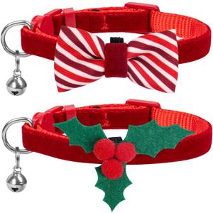 Azuza Christmas Kitten Collar with Bell 2 Pack Christmas Kitten Bowtie Breakaway Kitten Collar with Holly Design Size Adjustable from 6" - 8"
