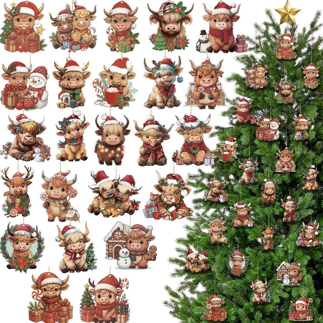 24 Pcs Christmas Highland Cow Ornaments 3.15Inch Acrylic Hanging Christmas Tree Decorations Xmas Gifts Western and Farm Animal Theme Party Decor with Ropes for Cow Lover Farm Xmas Party Decor