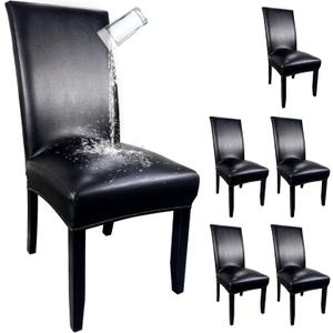 Pu Leather Dining Chair Covers set of 6, Waterproof Kitchen Chair Covers for Protecting Chairs from Stain/Scratch, Soft & Elastic Parsons Chair Slipcover Well-Fitted for Dinning Room (Black, 6Pcs)
