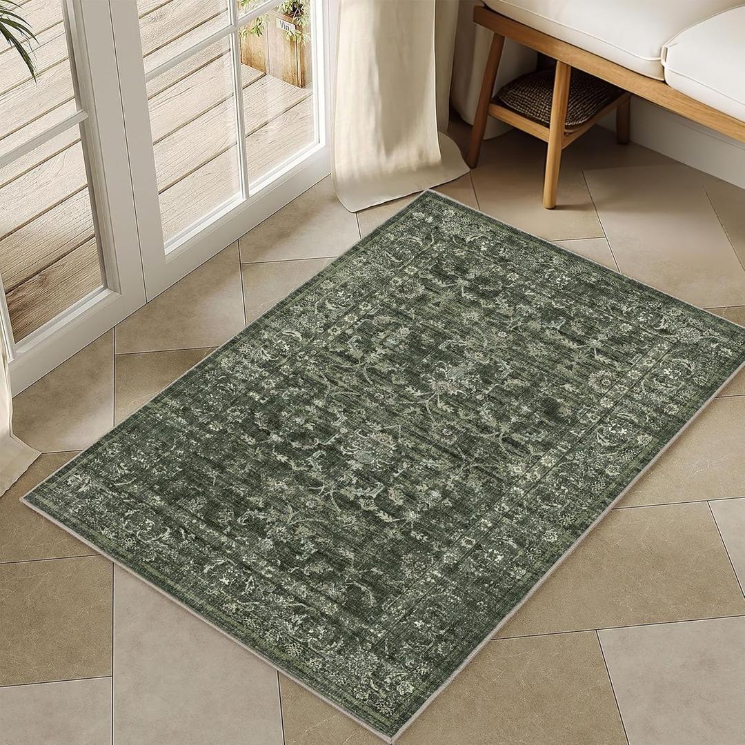 Washable Area Rug 2x3 Green Rugs for Living Room, Vintage Boho Rug for Bedroom Dining Room Office, Distressed Floral Print Carpet for Under Table, Soft Non Slip Low Pile Throw Carpet Indoor Mat