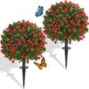 Dense Red Rose Artificial Topiary Ball Trees 24 Inch, Set of 2 Fake Plants with Ground Spike, UV Resistant No Fade Outdoor Faux Shrubs for Spring Garden, Patio, Porch, Yard, Indoor Decor