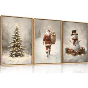 Large Snowy Santa Claus with Gift Sack Framed Canvas Wall Art Set,Lighted Snowman with Presents Wall Decor,Illuminating Christmas Tree Artwork for Living Room,Bedroom,Office-24 x36 x3