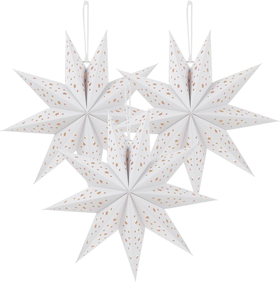 3PCS Christmas Paper Star Lantern, Lampshade 3D Paper Star Hanging Decoration Light Papers Lantern (White)