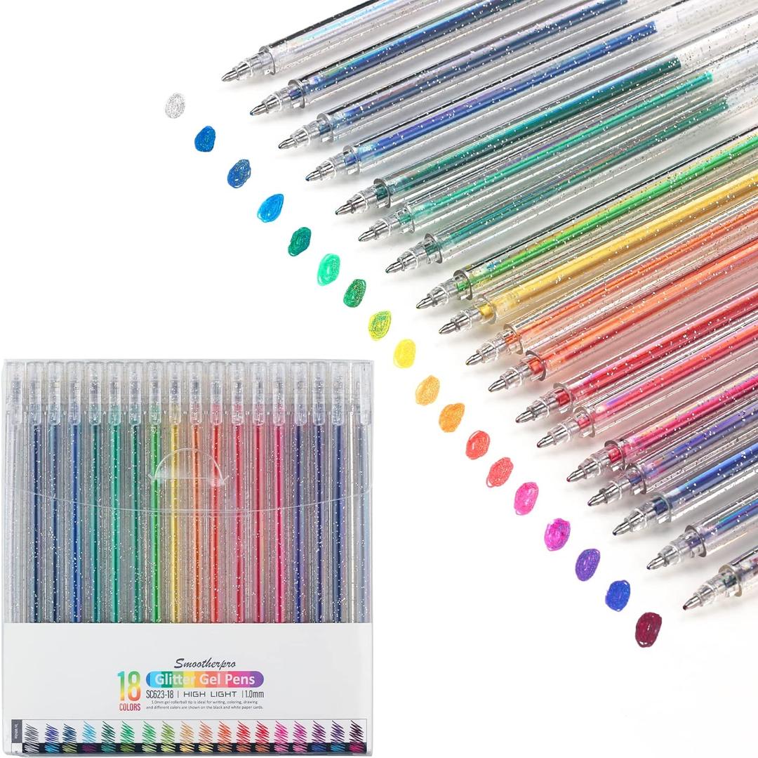SMOOTHERPRO Glitter Gel Pens, 17 Colors Glitter Colored Pens, 1.0mm Metallic Sparkle Colorful Pens for Coloring Calligraphy Cards Journal Drawing Scrapbook(SC623-8)